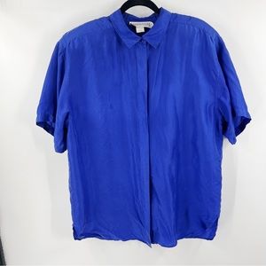 Vintage silk blue button down short sleeve blouse